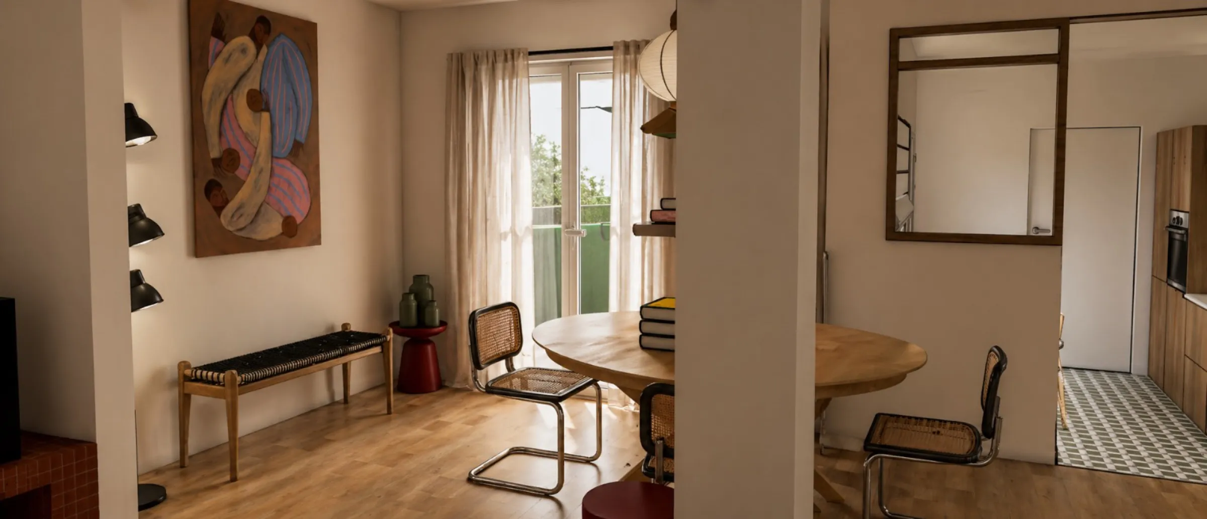 Le séjour repensé - table ronde, assises cannées et lumière naturelle, visuel 3D