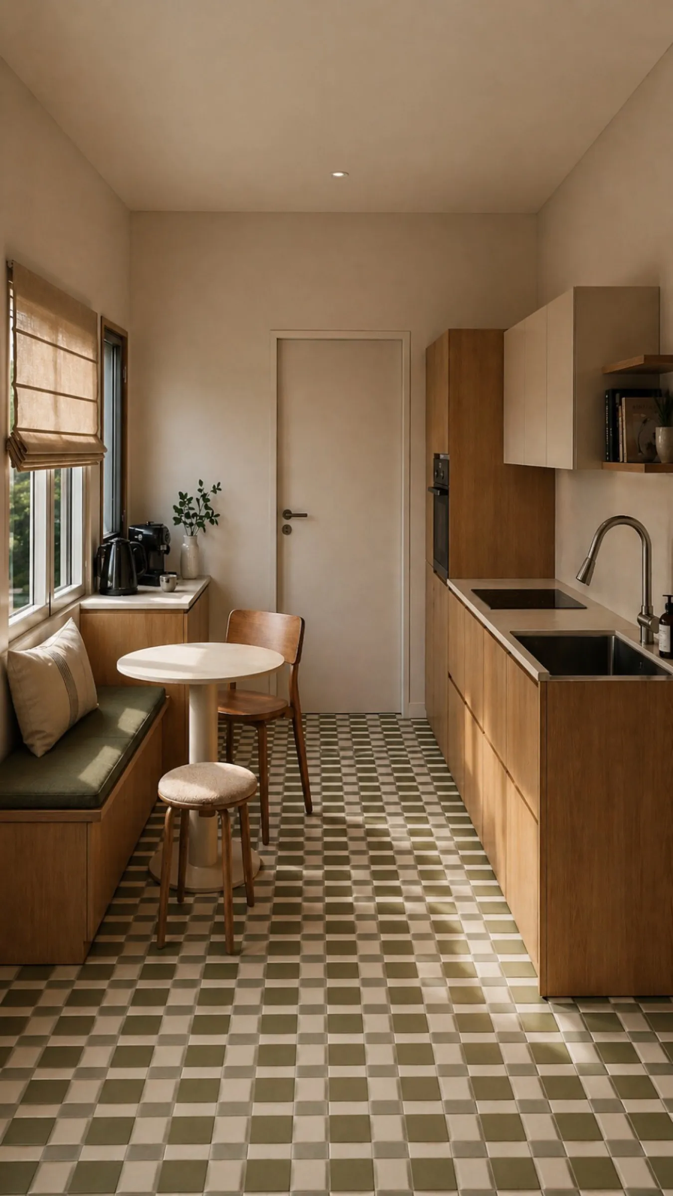 La cuisine repensée - façades en bois, banquette et sol damier vert et blanc, visuel 3D