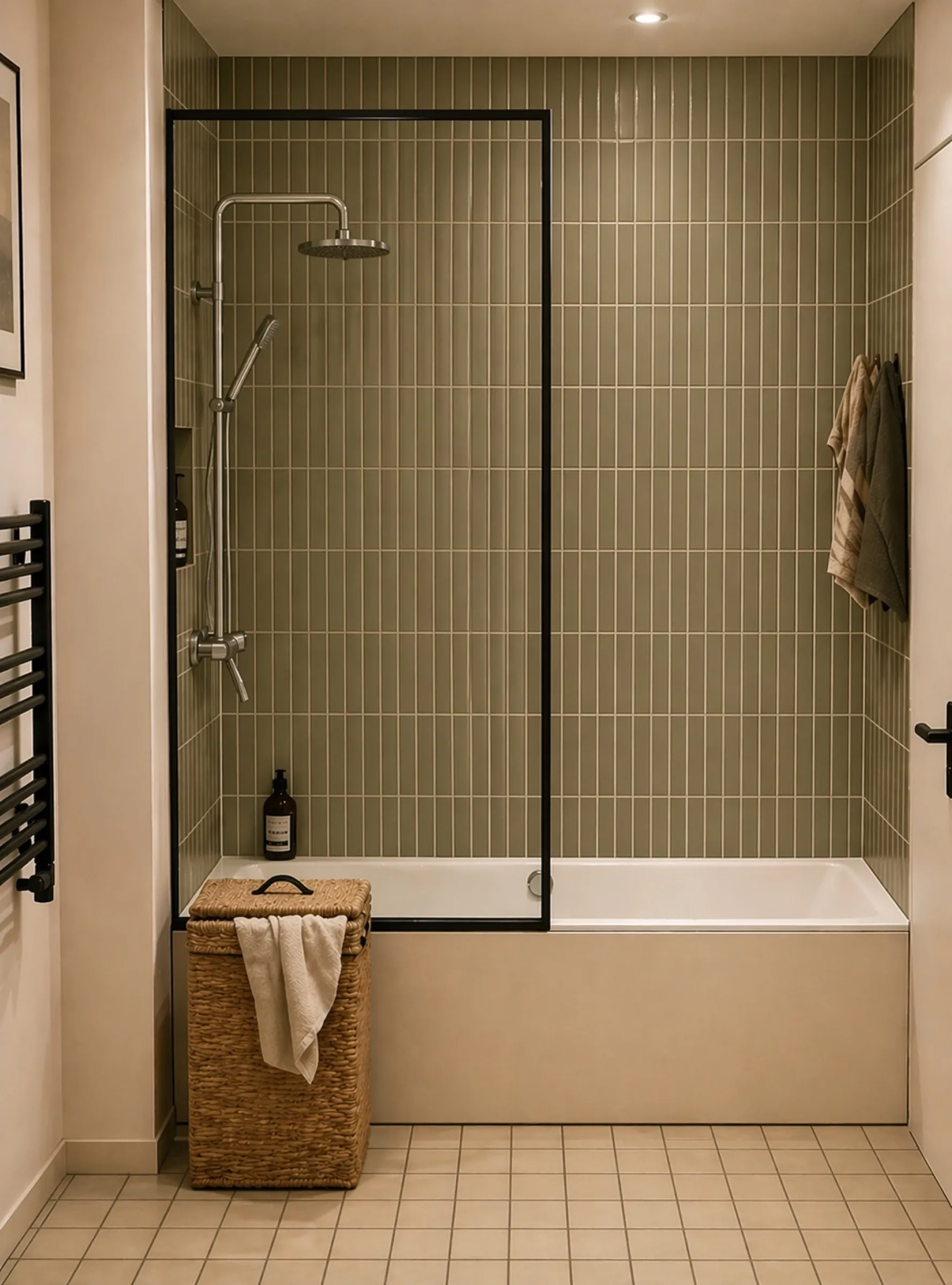La salle de bain repensée - zellige vert, baignoire avec pare-bain en verrière noire, visuel 3D