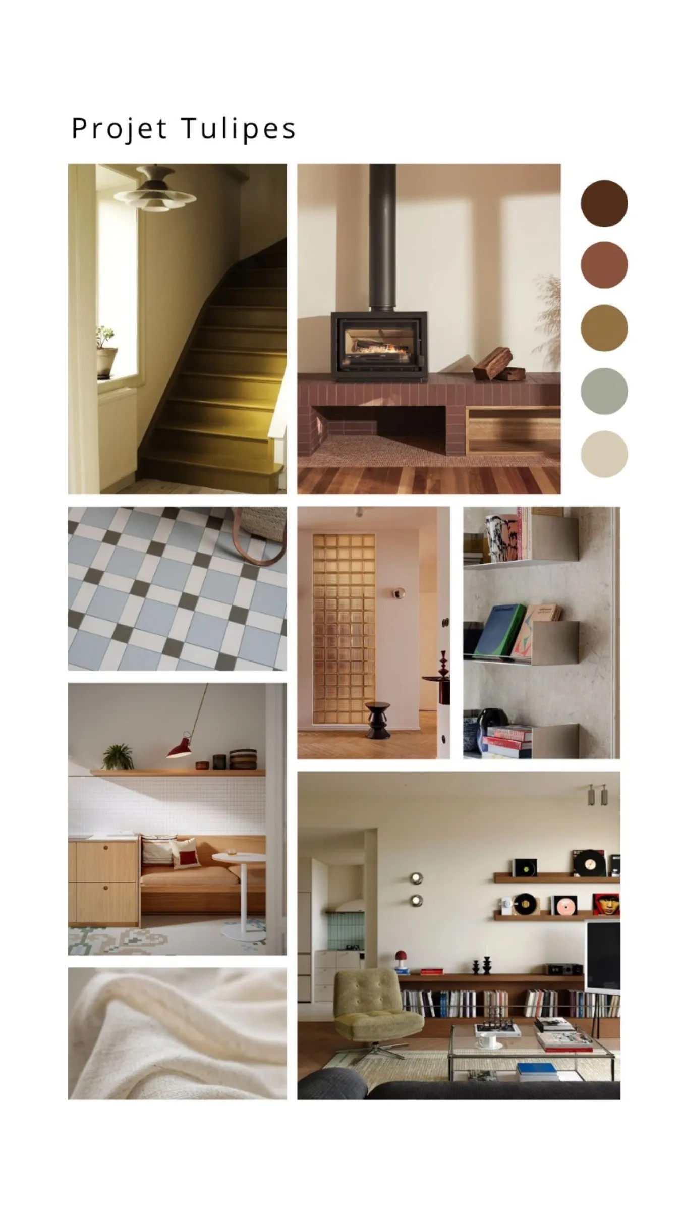 Moodboard du projet Tulipes - palette de bruns, beiges et verts, matières et ambiances sélectionnées par Studio Astrid Buyse