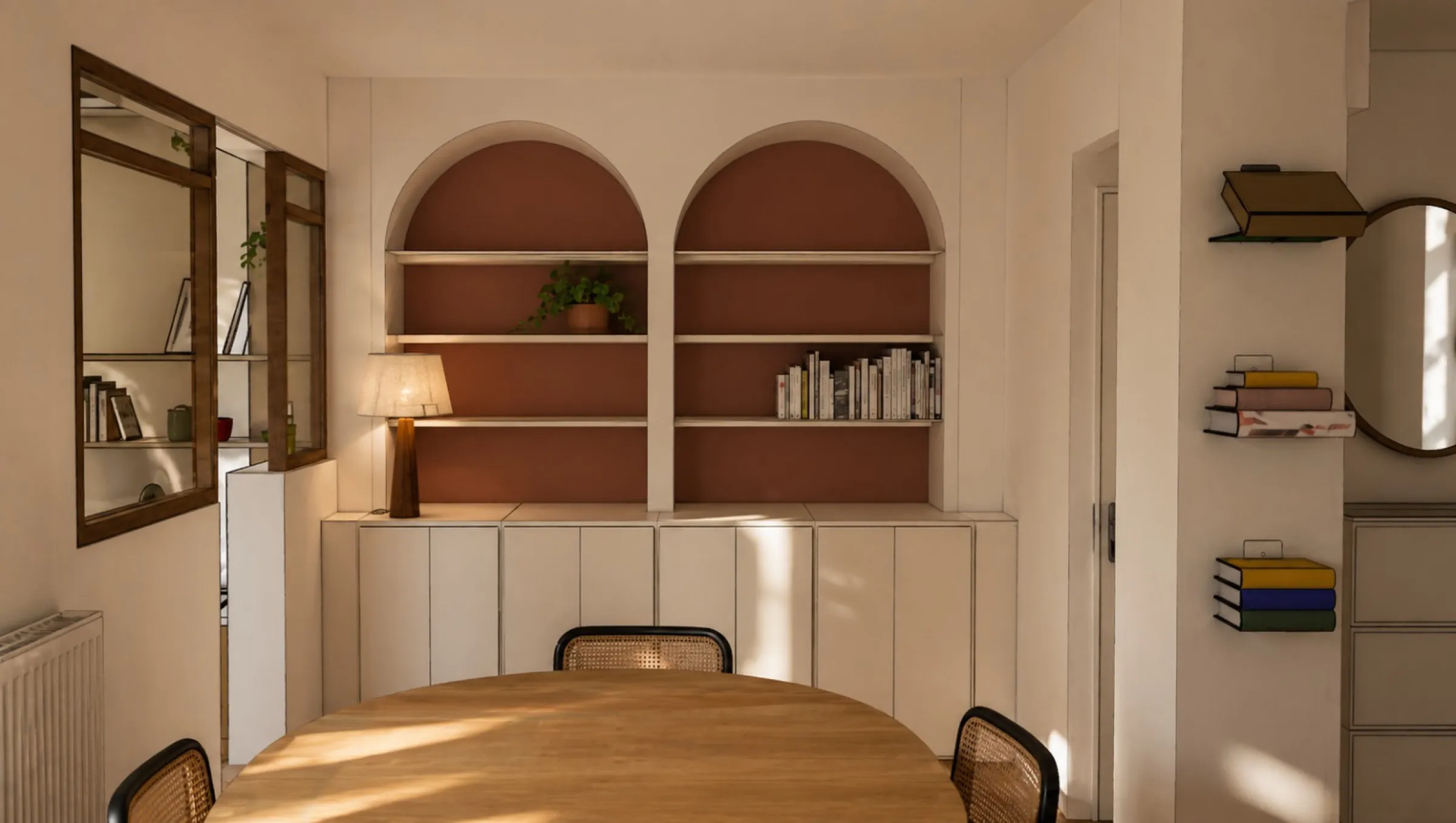 Salle à manger du projet Tulipes - niches en arches terracotta et table ronde en bois, visuel 3D par Studio Astrid Buyse