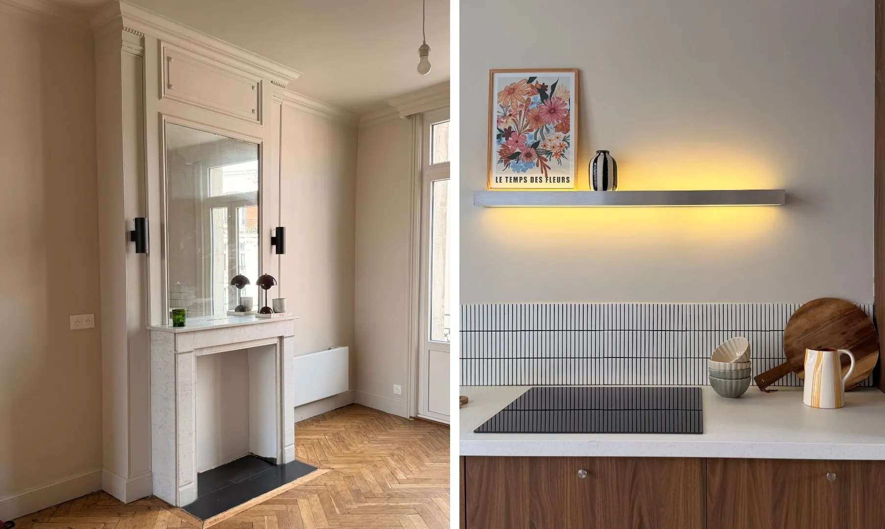 Appartement Céline à Lille : cheminée en marbre et moulures conservées, parquet en point de Hongrie, nouvelle cuisine en bois clair.