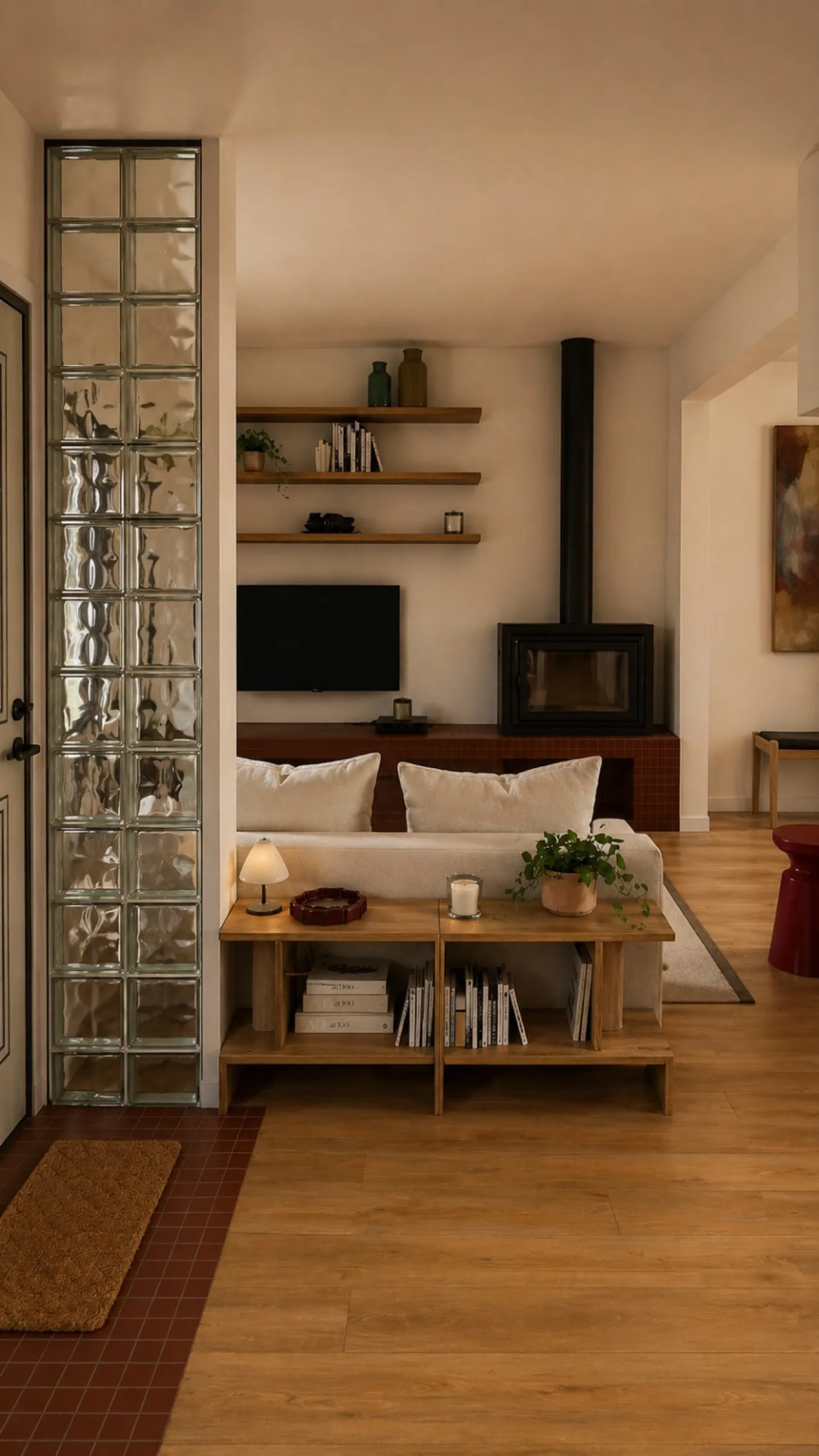 Projet Tulipes - séjour repensé avec pavés de verre, poêle à bois et banquette, visuel 3D par Studio Astrid Buyse